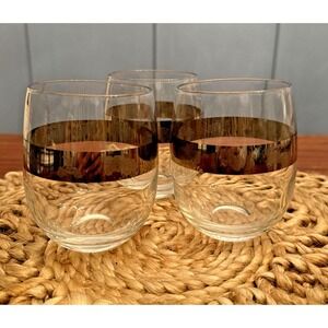 Lot of 3 Mid-Century Modern Stemless Wine Glasses –Silver Rim & Vintage Car Etch